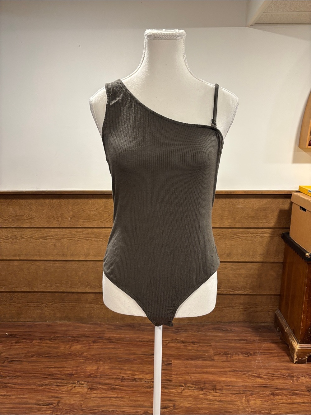 Women's One-Shoulder Ribbed Bodysuit - Olive Green